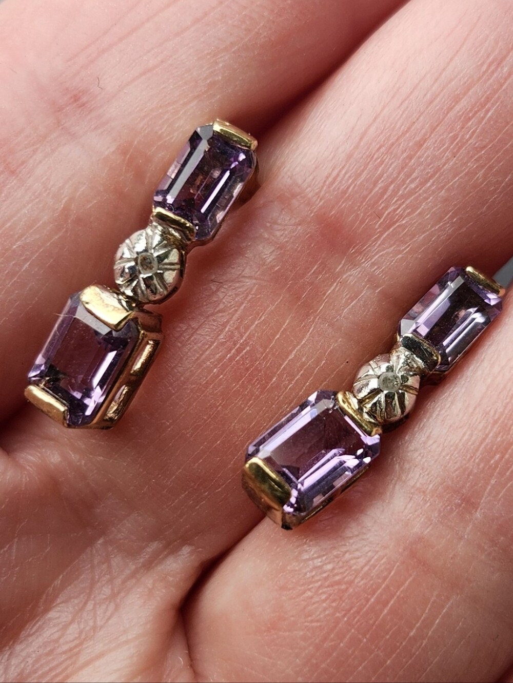 Delicate Emerald Cut Amethyst Sterling Gold Plated  Drop Earrings